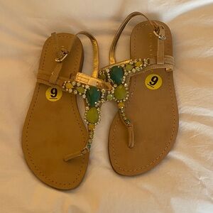 Ivanka Trump Tan Sandals with Green Beads